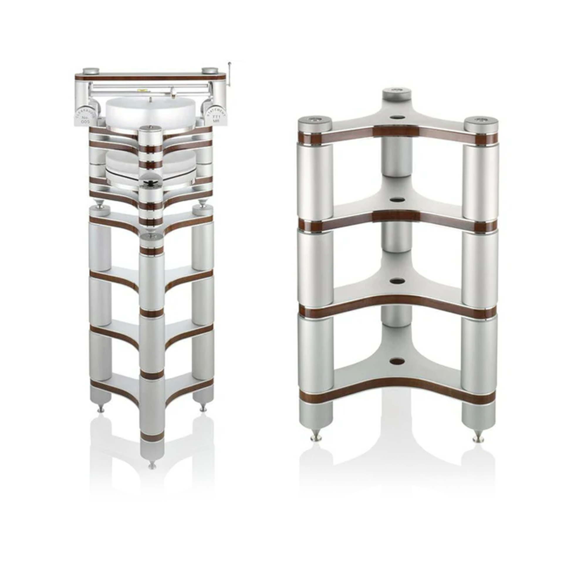 Clearaudio Innovation Series Stand HiFi-Rack Frontansicht, Silber mit Holzeinlagen, links mit Plattenspieler