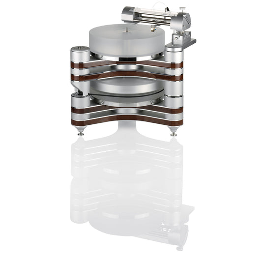 Clearaudio Master Innovation Plattenspieler Frontansicht Silber mit Holzeinlagen und Tangential-Tonarm