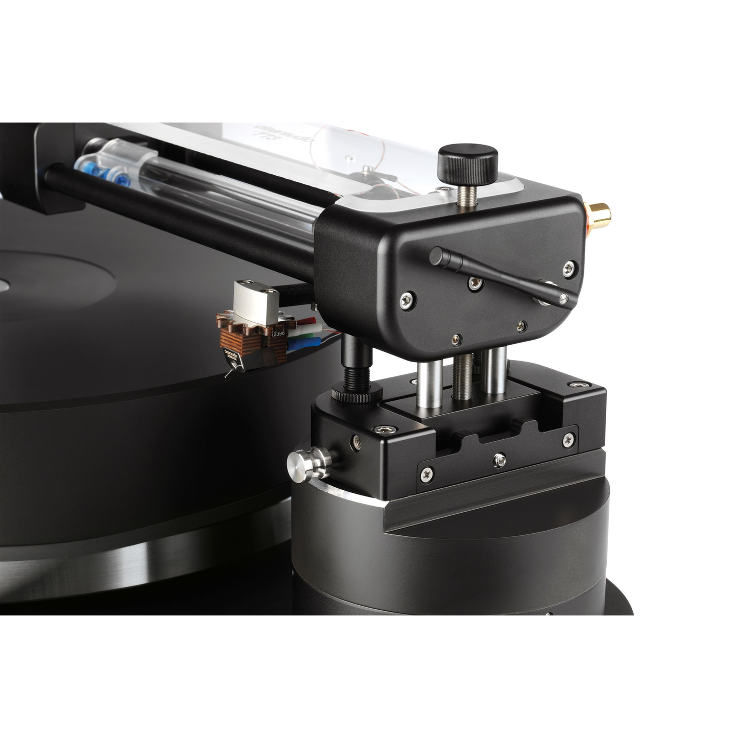 Clearaudio Master Jubilee Plattenspieler Detailansicht Tangential-Tonarm mit Tonabnehmer und Tonarmbasis