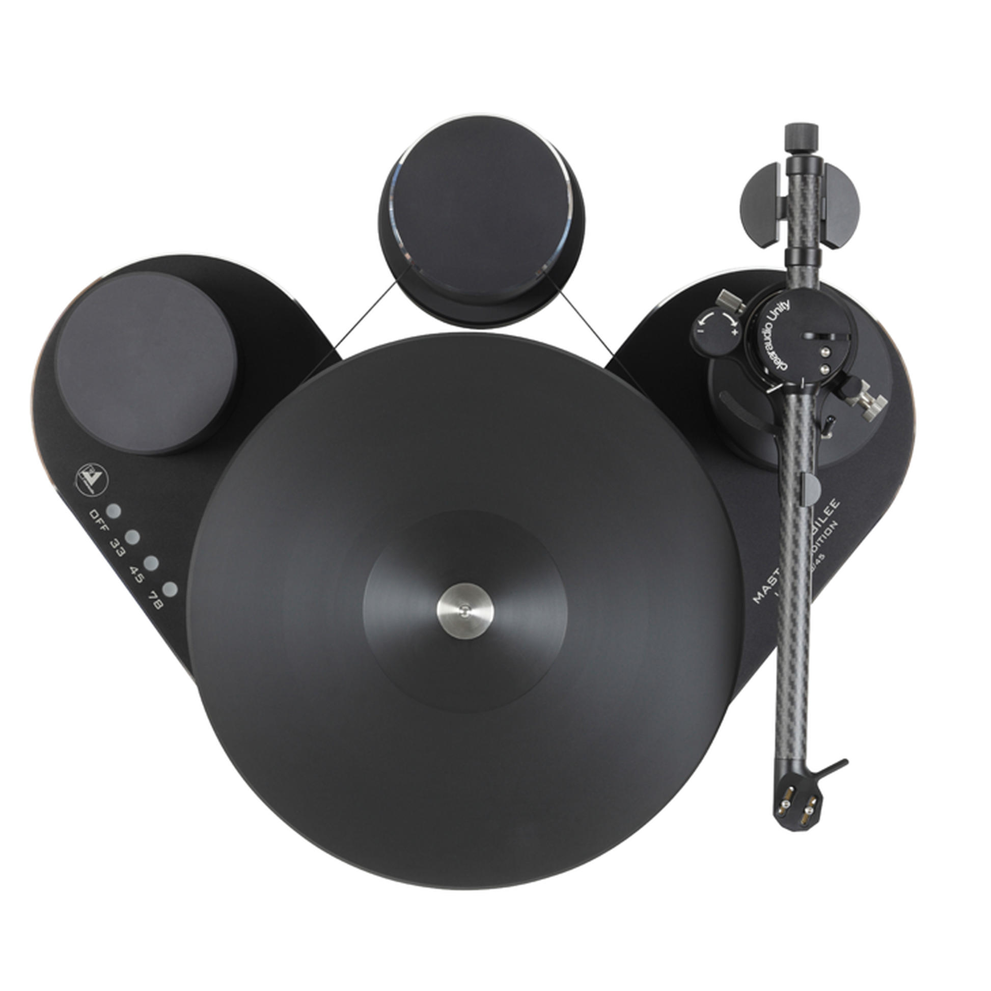 Clearaudio Master Jubilee Plattenspieler Draufsicht mit Unify-Tonarm, Plattenteller und Motoreinheit