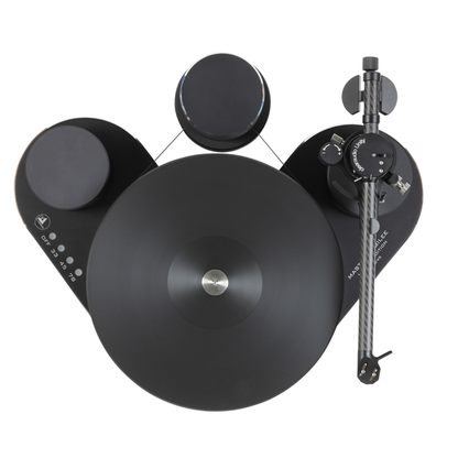 Clearaudio Master Jubilee Plattenspieler Draufsicht mit Unify-Tonarm, Plattenteller und Motoreinheit
