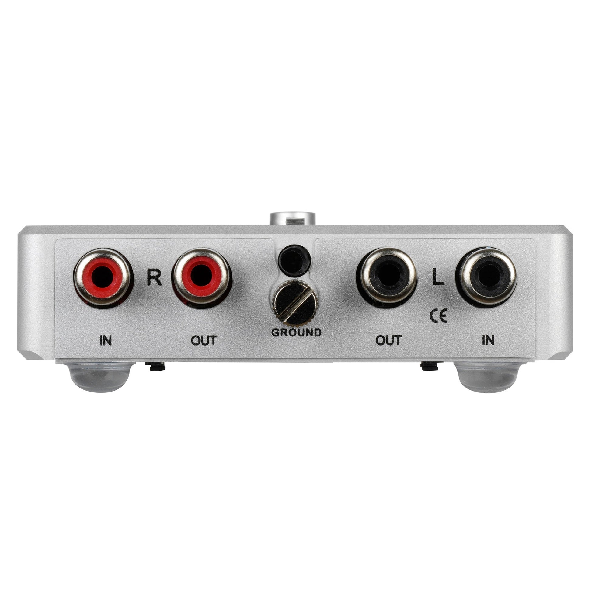 Clearaudio Nano Phono V2 Phono-Vorverstärker Rückansicht mit Cinch-Ein- und -Ausgängen und Masseklemme