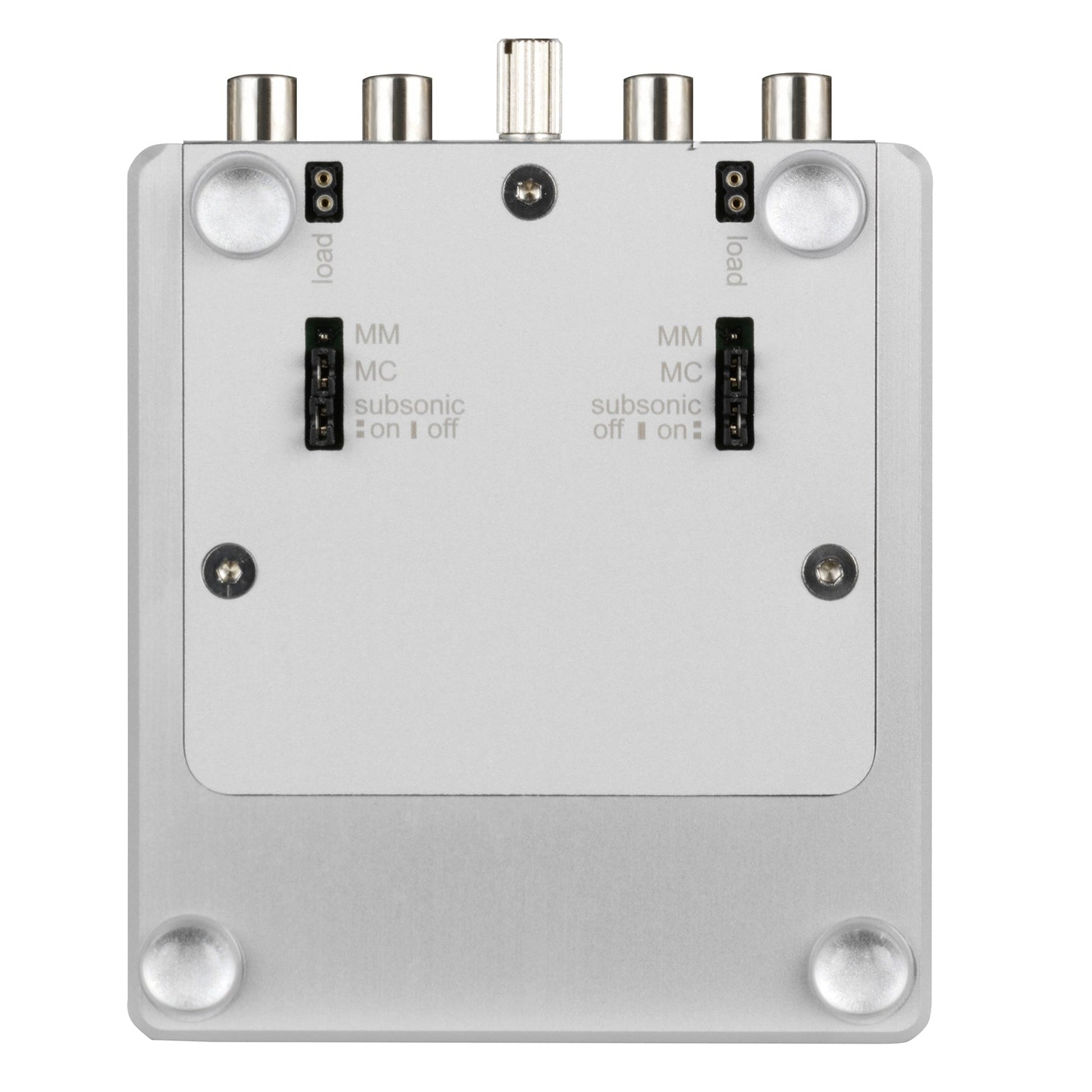 Clearaudio Nano Phono V2 Phono-Vorverstärker Unteransicht mit Jumpern für MM, MC, Subsonic und Abschluss