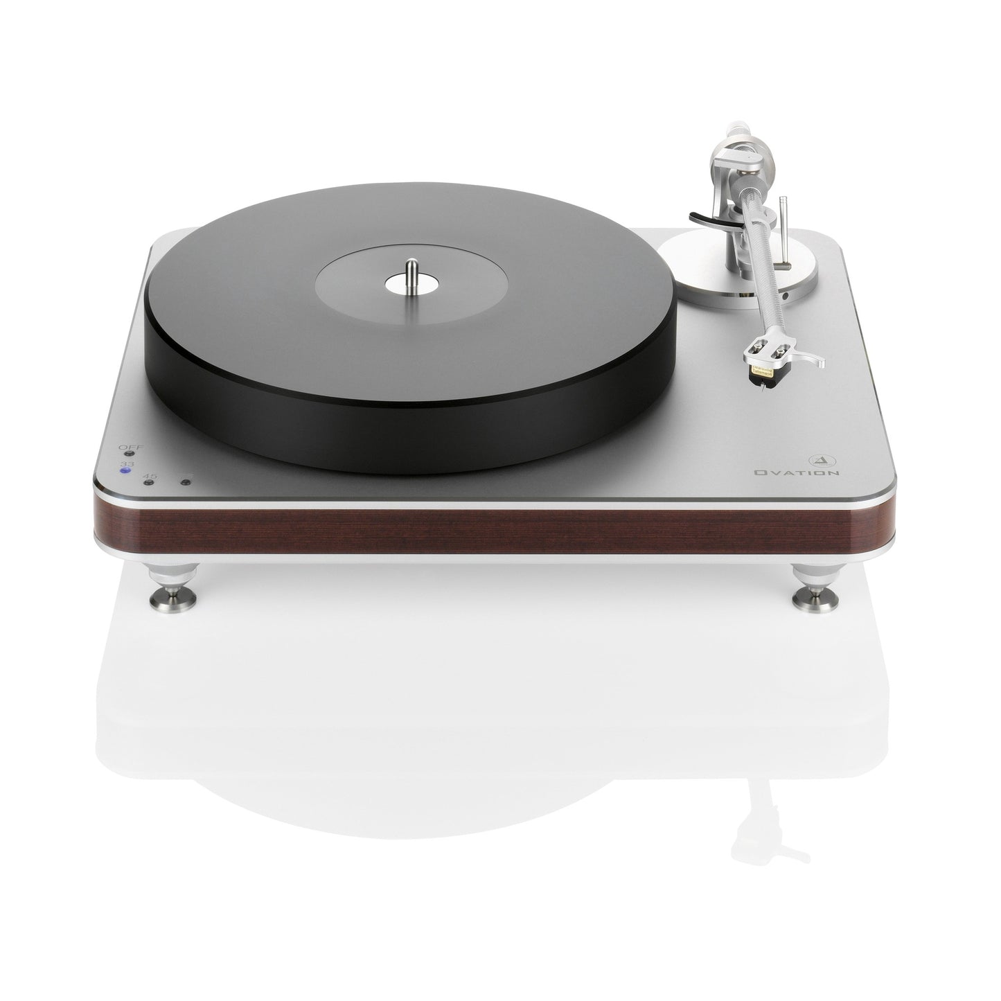Clearaudio Ovation Plattenspieler Frontansicht, silbernes Chassis mit Holzzarge, Plattenteller und Tonarm