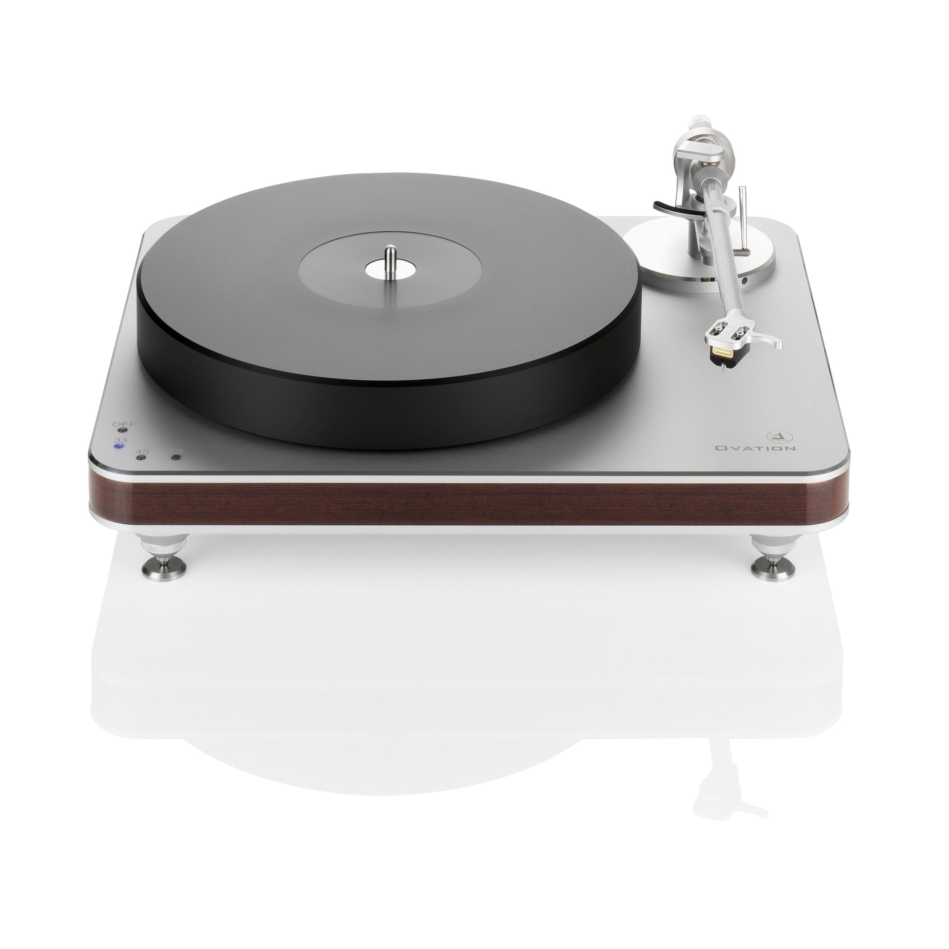 Clearaudio Ovation Plattenspieler Frontansicht, silbernes Chassis mit Holzzarge, Plattenteller und Tonarm