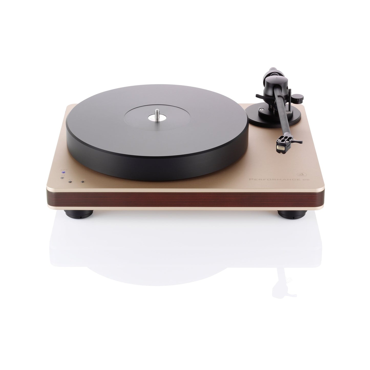 Clearaudio Performance DC Plattenspieler Rose Gold/Dunkles Holz Frontansicht mit dunkler Holzkante und Tonarm