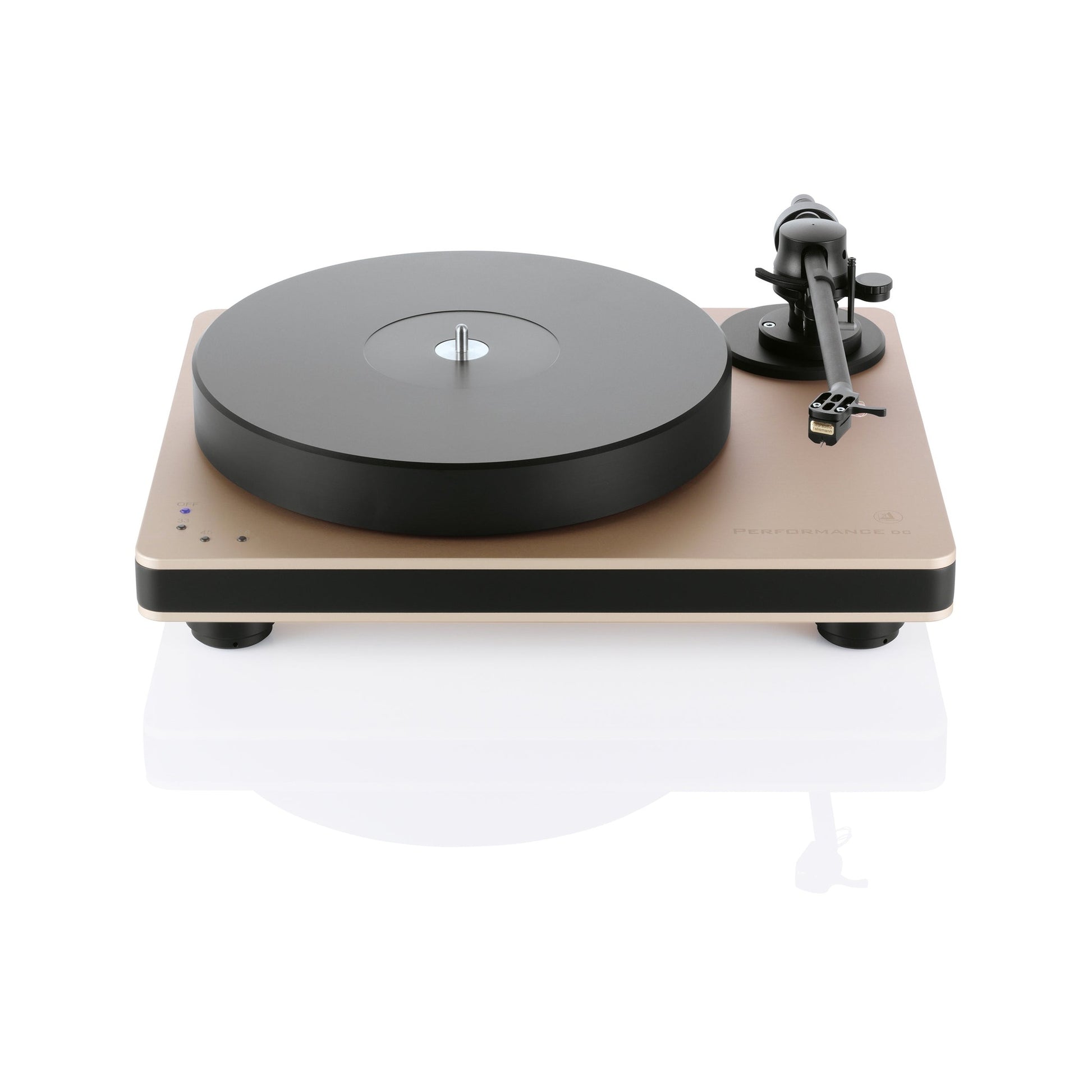 Clearaudio Performance DC Plattenspieler Rose Gold/Schwarz Frontansicht mit Plattenteller, Tonarm und Tonabnehmer