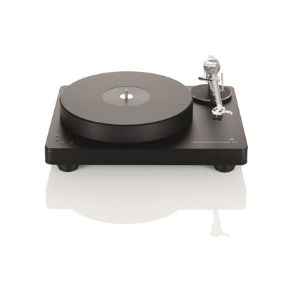 Clearaudio Performance DC Plattenspieler Schwarz/Schwarz Frontansicht mit Plattenteller, Tonarm und Drehzahlwahl