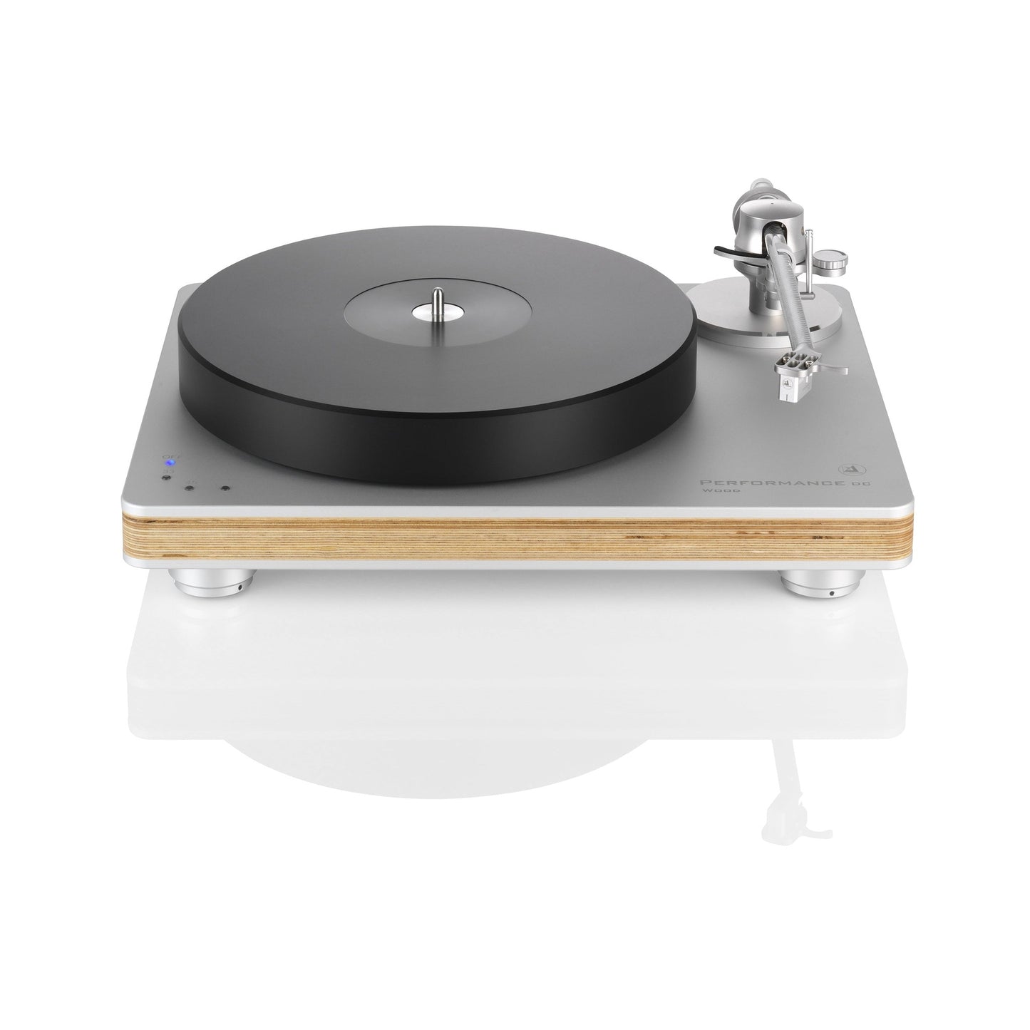 Clearaudio Performance DC Plattenspieler Silber/Holz Frontansicht, silberne Zarge mit Multiplex-Holzkante