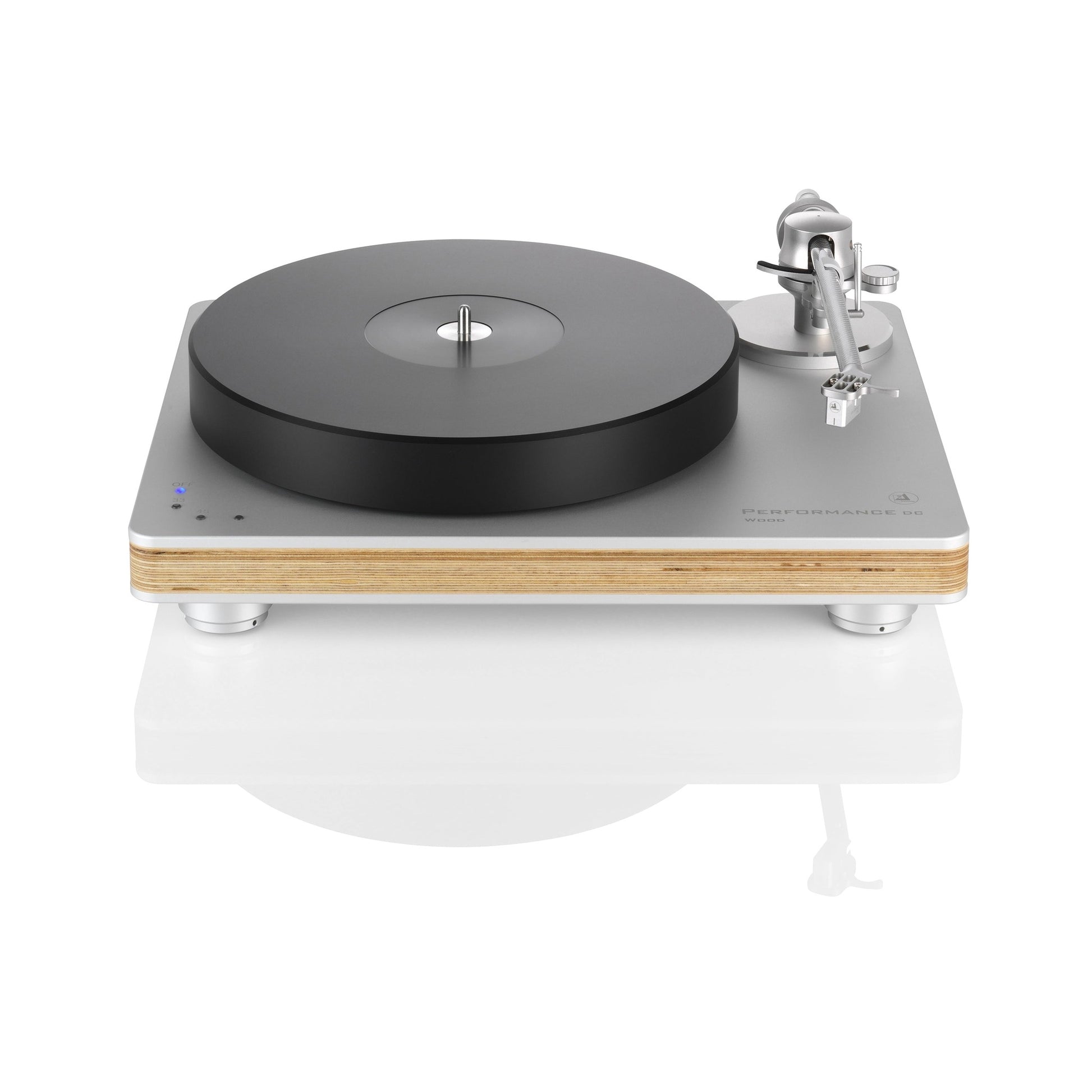Clearaudio Performance DC Plattenspieler Silber/Holz Frontansicht, silberne Zarge mit Multiplex-Holzkante