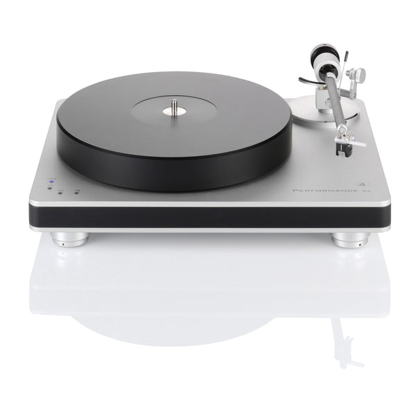 Clearaudio Performance DC Plattenspieler Silber/Schwarz Frontansicht, silberne Zarge mit schwarzer Kante