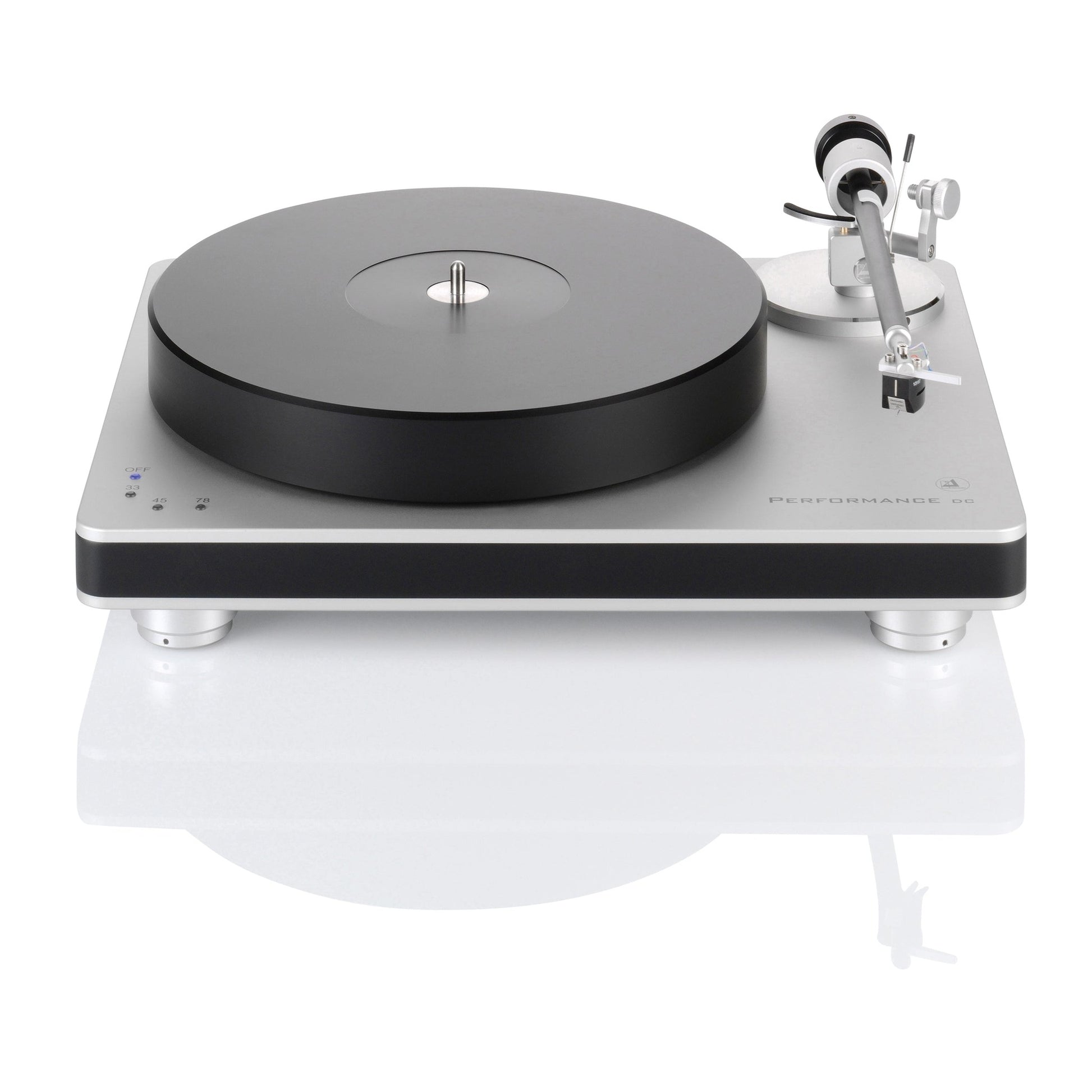 Clearaudio Performance DC Plattenspieler Silber/Schwarz Frontansicht, silberne Zarge mit schwarzer Kante