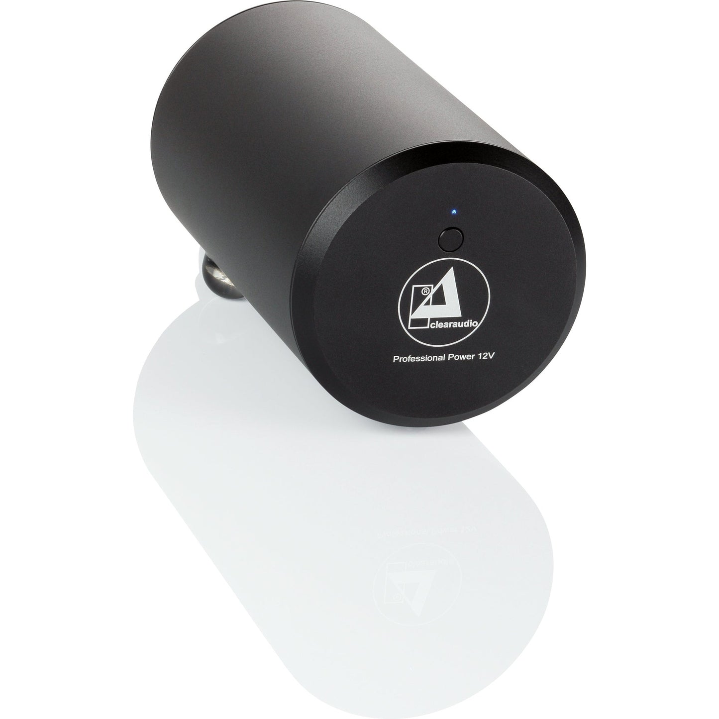 Clearaudio Professional Power 12V Netzteil Schrägansicht, schwarzes Zylindergehäuse mit Statusleuchte