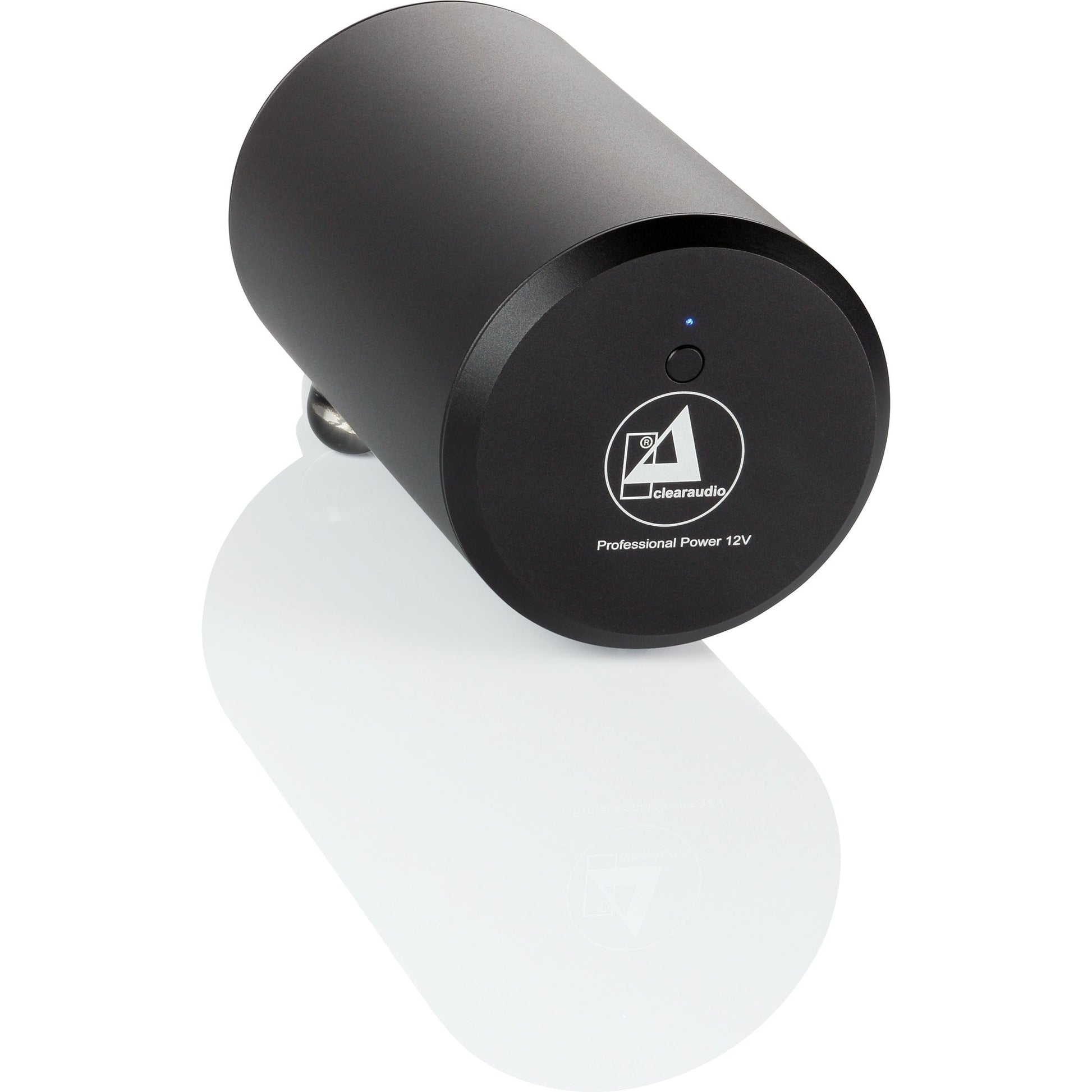 Clearaudio Professional Power 12V Netzteil Schrägansicht, schwarzes Zylindergehäuse mit Statusleuchte