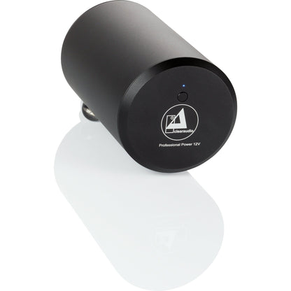 Clearaudio Professional Power 12V Netzteil Schrägansicht, schwarzes Zylindergehäuse mit Statusleuchte