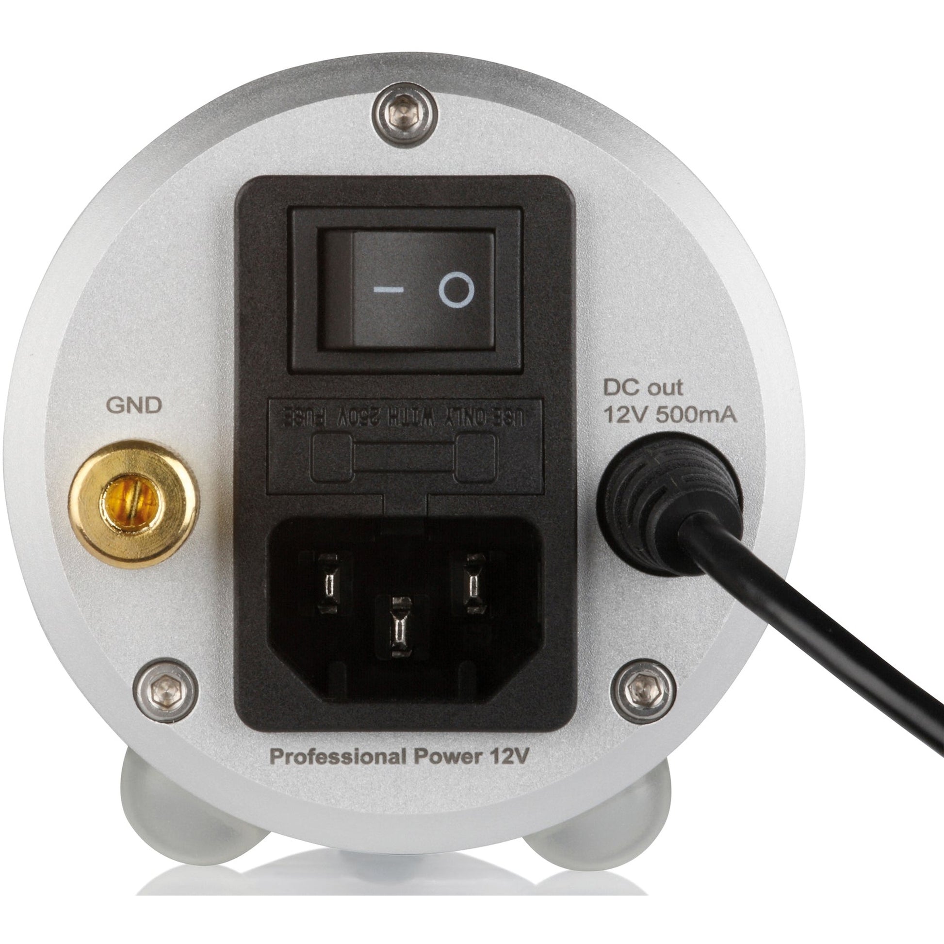 Clearaudio Professional Power 12V Netzteil Anschlussfeld silber, Netzschalter, IEC-Buchse, GND, DC-Ausgang