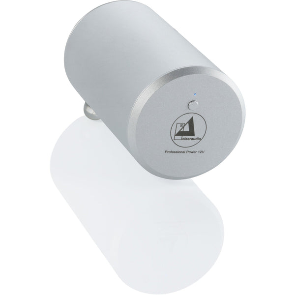 Clearaudio Professional Power 12V Netzteil Schrägansicht, silbernes Zylindergehäuse mit Statusleuchte