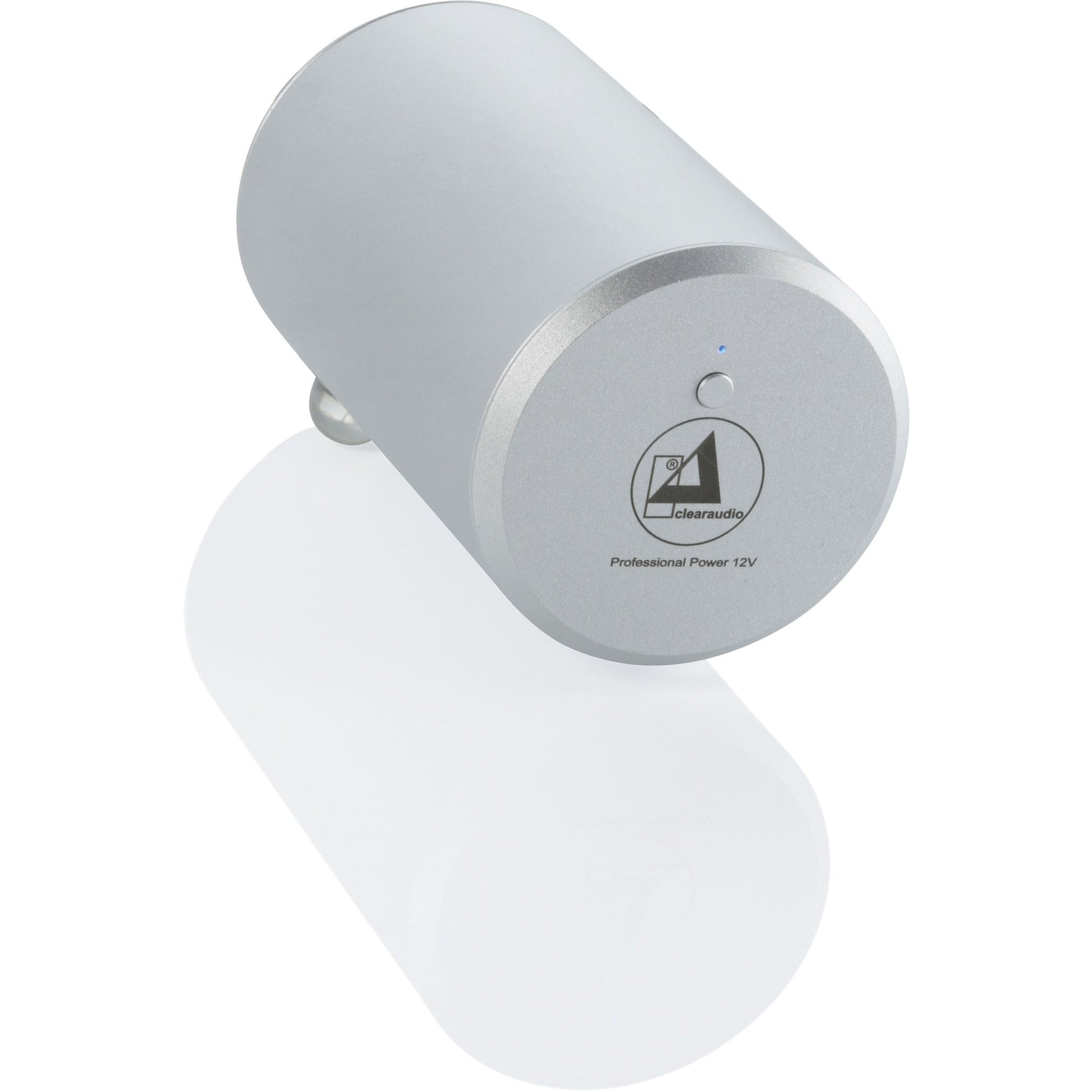 Clearaudio Professional Power 12V Netzteil Schrägansicht, silbernes Zylindergehäuse mit Statusleuchte