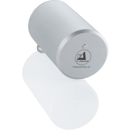 Clearaudio Professional Power 12V Netzteil Schrägansicht, silbernes Zylindergehäuse mit Statusleuchte
