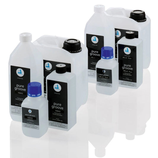 Clearaudio Pure Groove Essence Reinigungskonzentrat, Frontansicht der Essence- und Shellac-Gebinde