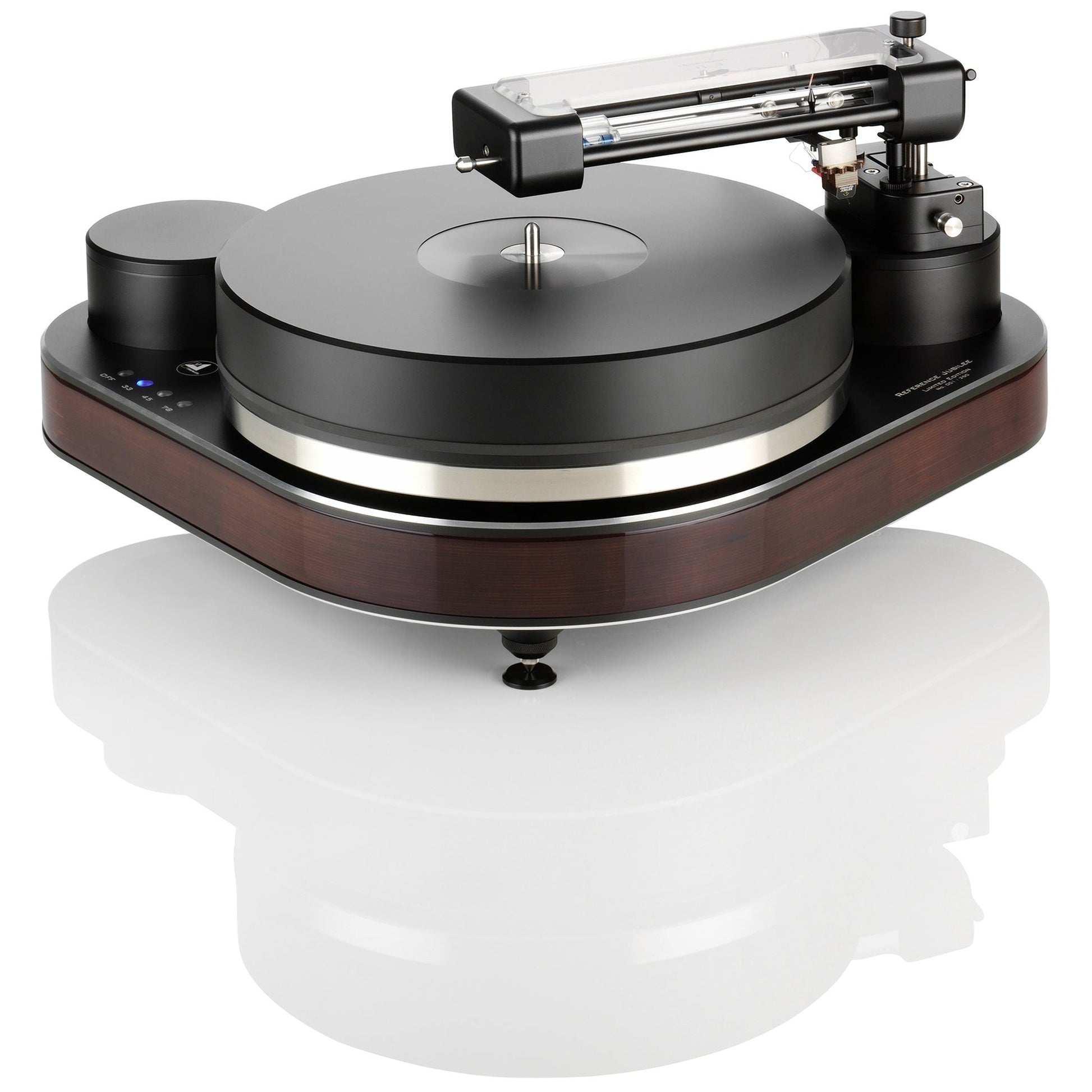Clearaudio Reference Jubilee Plattenspieler Frontansicht in Schwarz mit Holzzarge und Tangential-Tonarm