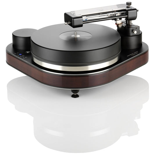 Clearaudio Reference Jubilee Plattenspieler Frontansicht in Schwarz mit Holzzarge und Tangential-Tonarm