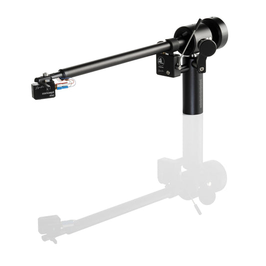 Clearaudio Satisfy Kardan Signature Tonarm Seitenansicht in Schwarz mit Gegengewicht, Armbasis und Tonabnehmer