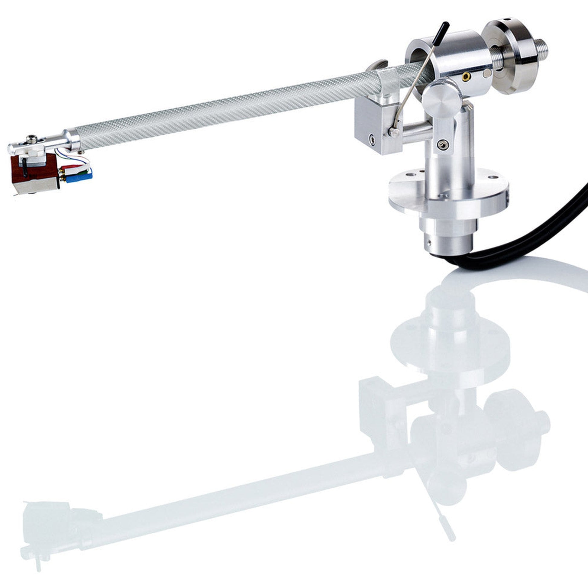 Clearaudio Satisfy Kardan Signature Tonarm Seitenansicht in Silber mit Carbon-Armrohr und Tonabnehmer