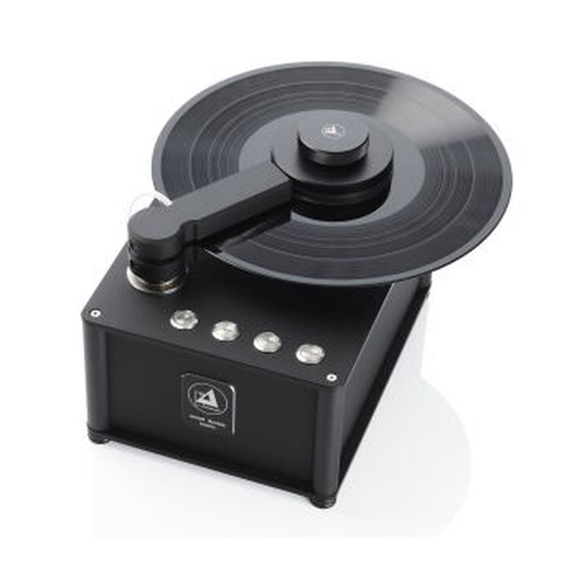 Clearaudio smart double matrix Plattenwaschmaschine Frontansicht mit aufgelegter Schallplatte und Absaugarm