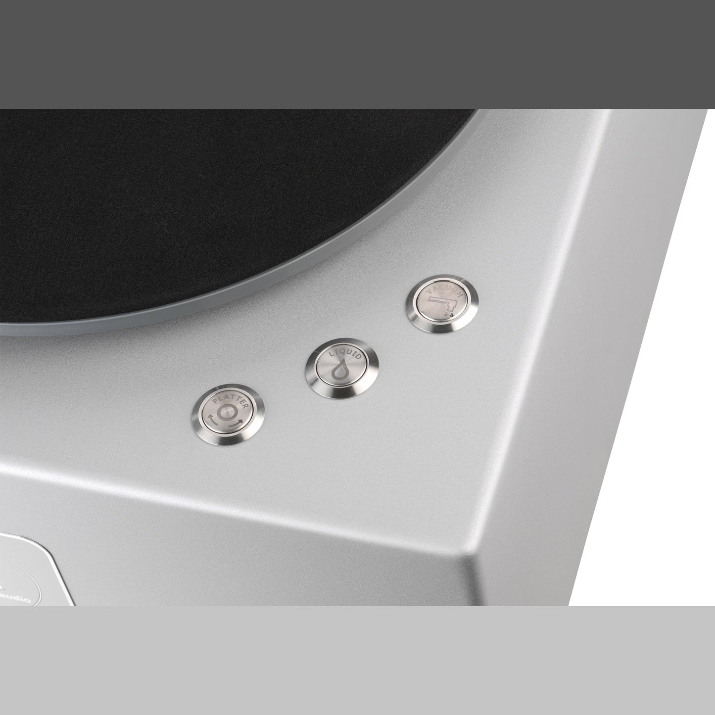 Clearaudio Smart Matrix Silent Plattenwaschmaschine Detailansicht der drei Bedientasten auf der Gehäuseoberseite