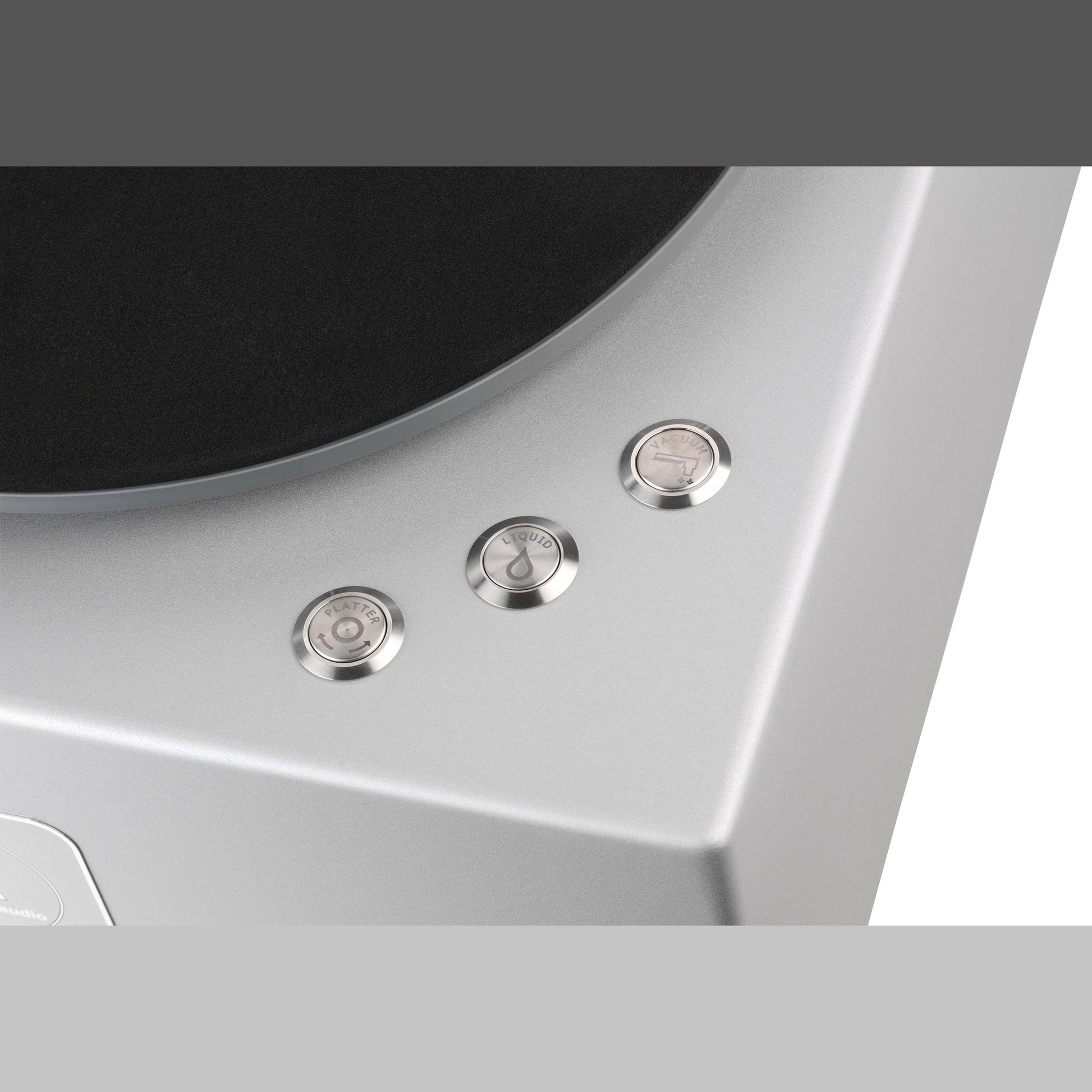 Clearaudio Smart Matrix Silent Plattenwaschmaschine Detailansicht der drei Bedientasten auf der Gehäuseoberseite