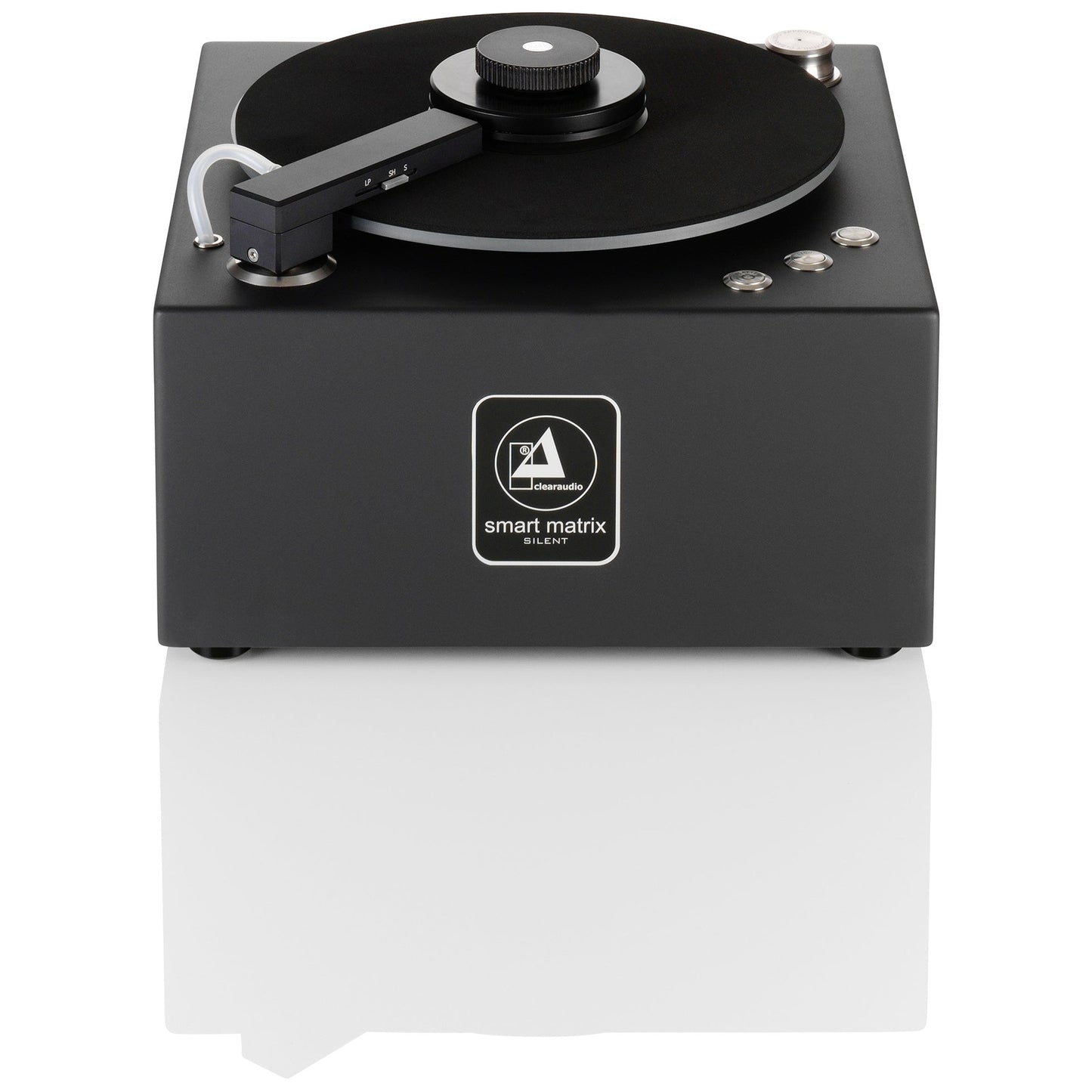 Clearaudio Smart Matrix Silent Plattenwaschmaschine Frontansicht, Gehäuse Schwarz mit Absaugarm und Plattenteller