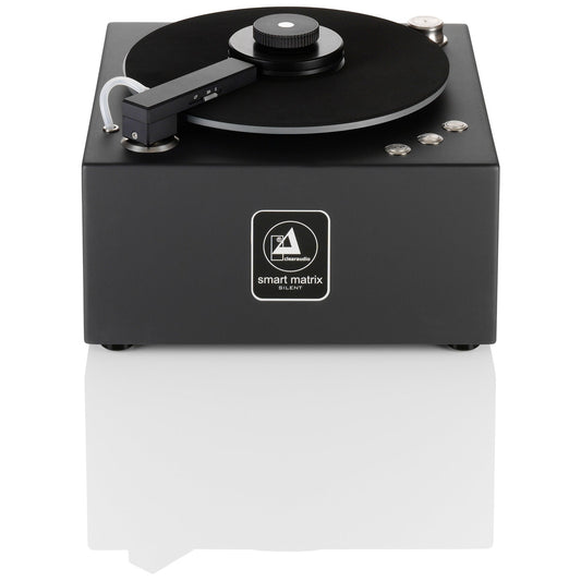 Clearaudio Smart Matrix Silent Plattenwaschmaschine Frontansicht, Gehäuse Schwarz mit Absaugarm und Plattenteller