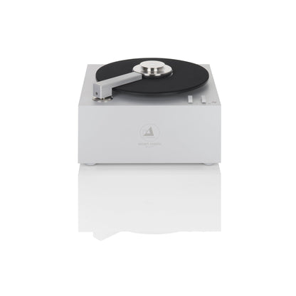 Clearaudio Smart Matrix Silent Plattenwaschmaschine Silber Frontansicht mit Absaugarm und Plattenteller