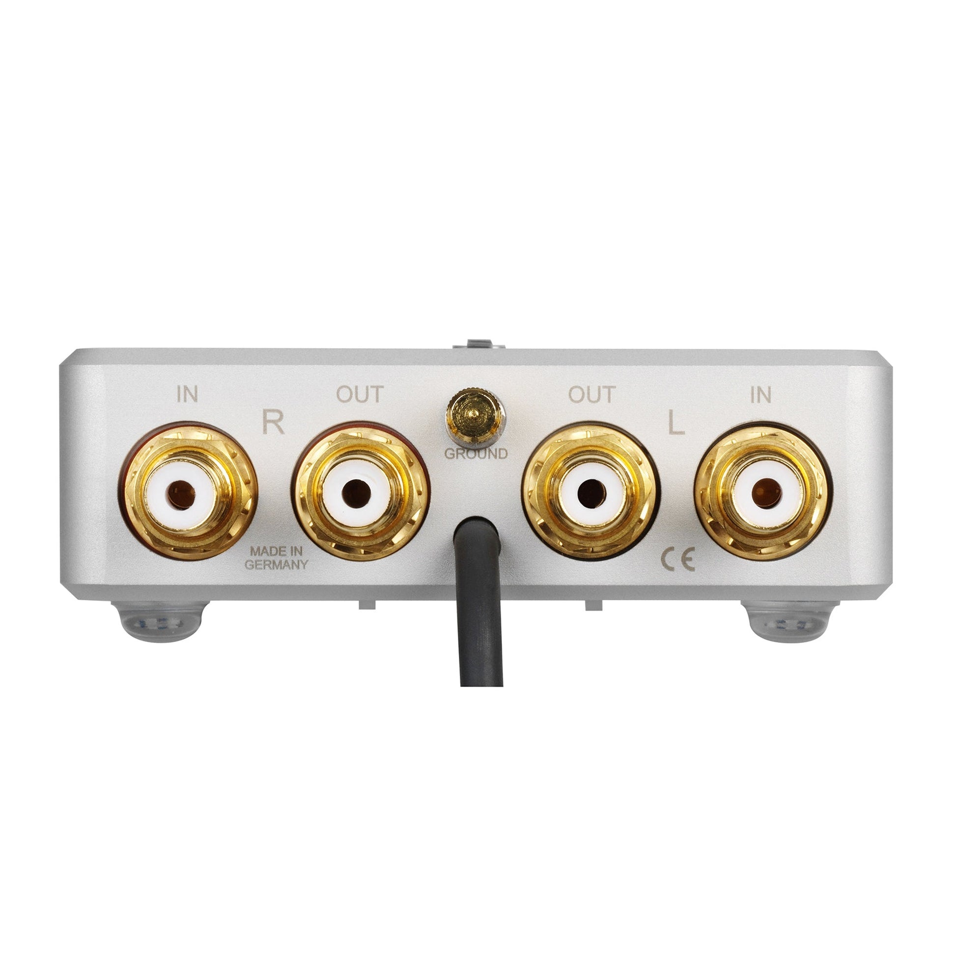 Clearaudio Smart Phono Headphone V2 Phono-Vorverstärker Rückansicht mit vergoldeten Cinch-Buchsen und Masseklemme
