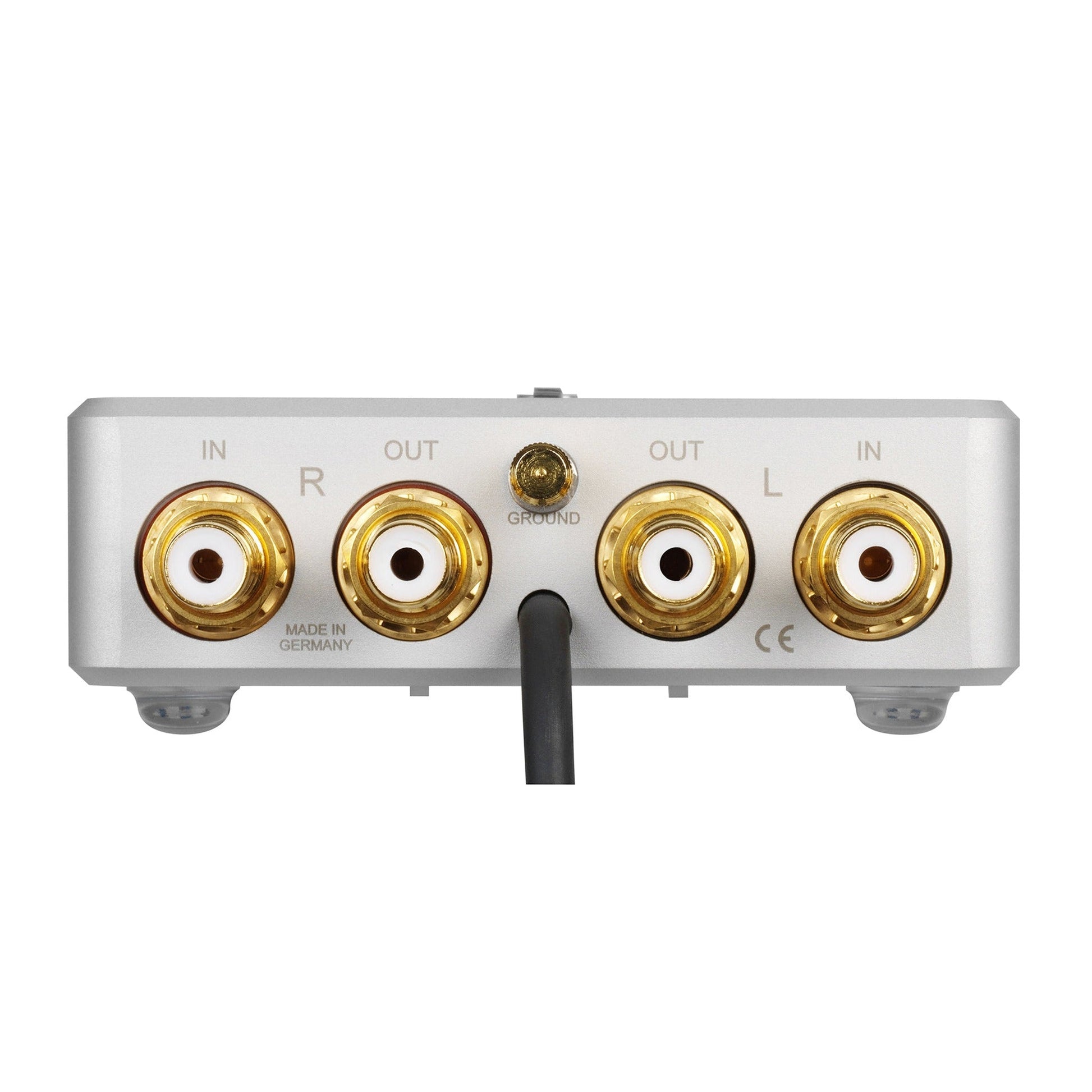Clearaudio Smart Phono Headphone V2 Phono-Vorverstärker Silber Rückansicht mit Cinch-Ein- und Ausgängen und Masseklemme