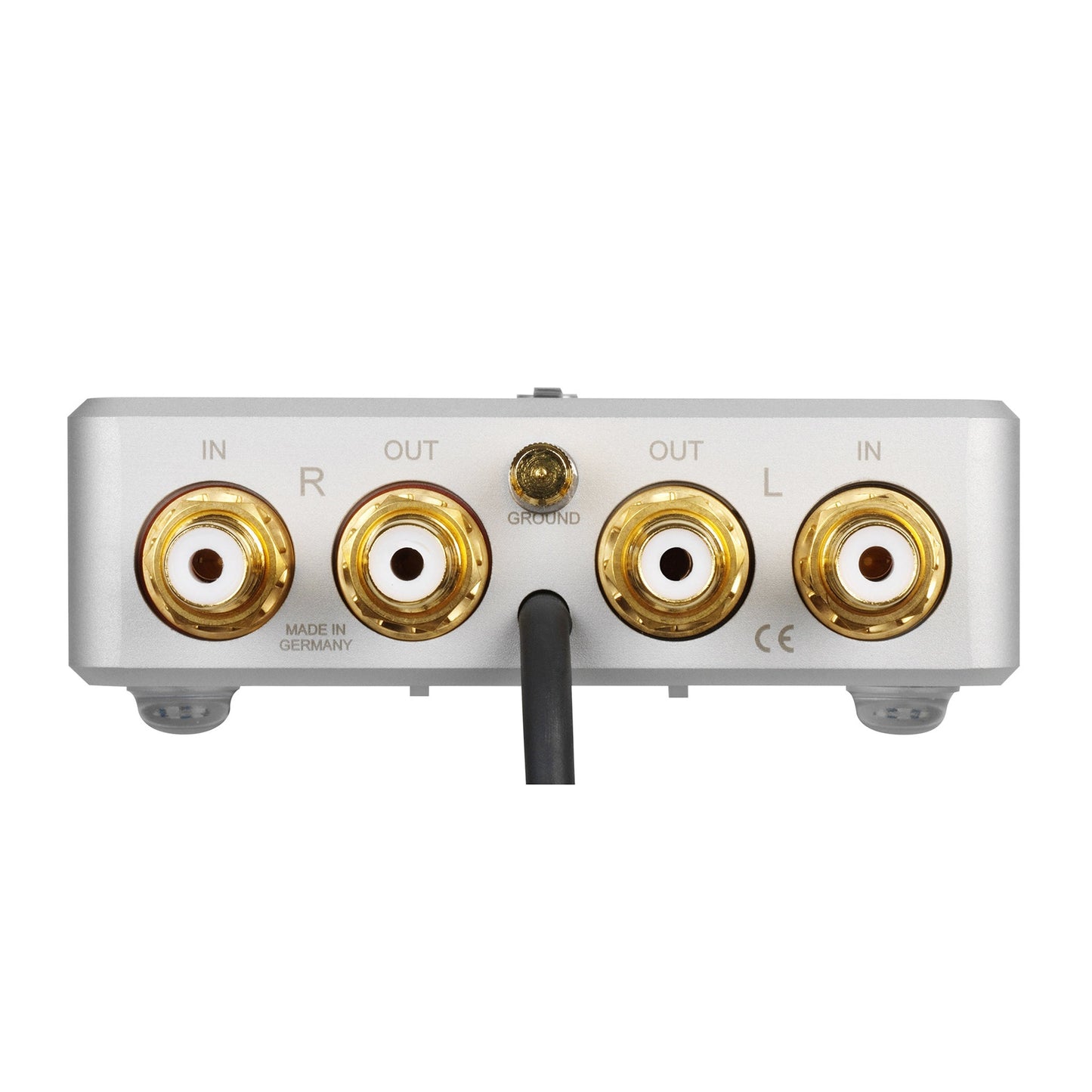 Clearaudio Smart Phono V2 Phono-Vorverstärker Rückansicht, Silber, vergoldete Cinch-Buchsen und Masseklemme