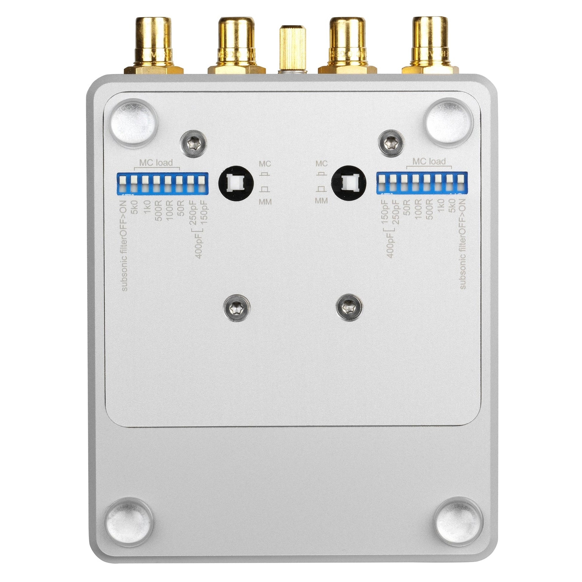 Clearaudio Smart Phono V2 Phono-Vorverstärker Unteransicht, Silber, DIP-Schalter für MC-Load und Subsonic
