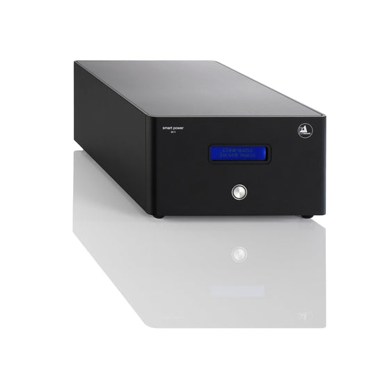 Clearaudio Smart Power 24V Ovation/Innovation Akku-Netzteil Schrägansicht, schwarz, mit blauem Display