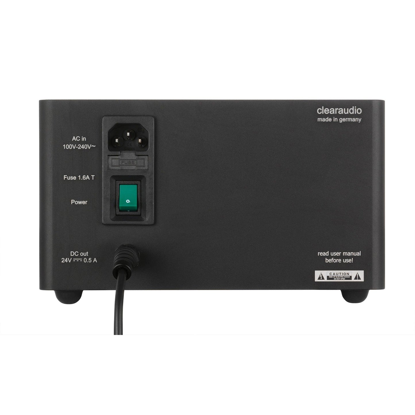 Clearaudio Smart Power 24V Statement Akku-Netzteil Schwarz Anschlussfeld mit AC-Eingang, Netzschalter und DC-Ausgang