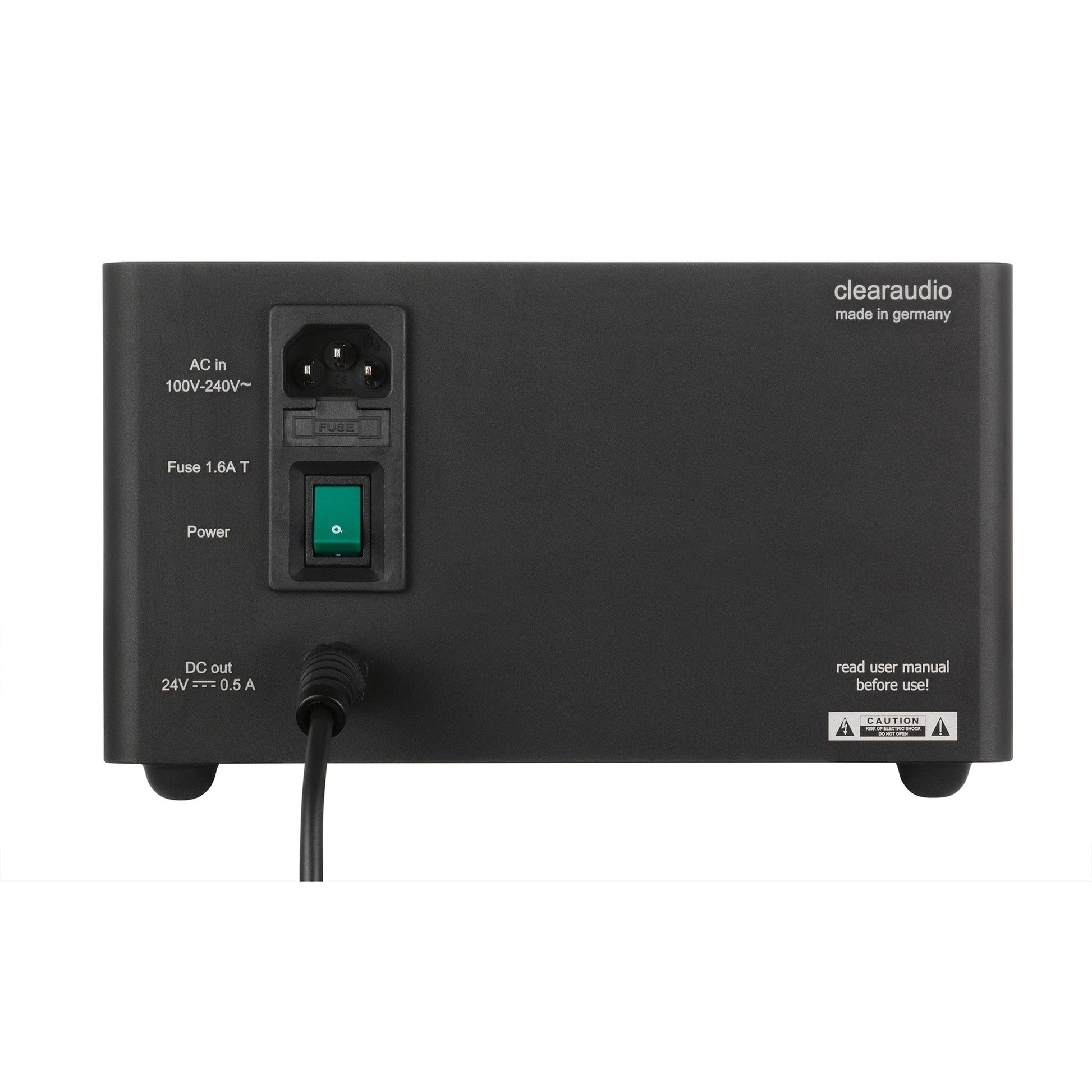 Clearaudio Smart Power 24V Statement Akku-Netzteil Schwarz Anschlussfeld mit AC-Eingang, Netzschalter und DC-Ausgang