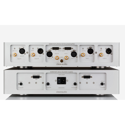 Clearaudio Statement Phono-Vorverstärker Rückansicht mit Phono- und Line-Eingängen und XLR-Ausgängen
