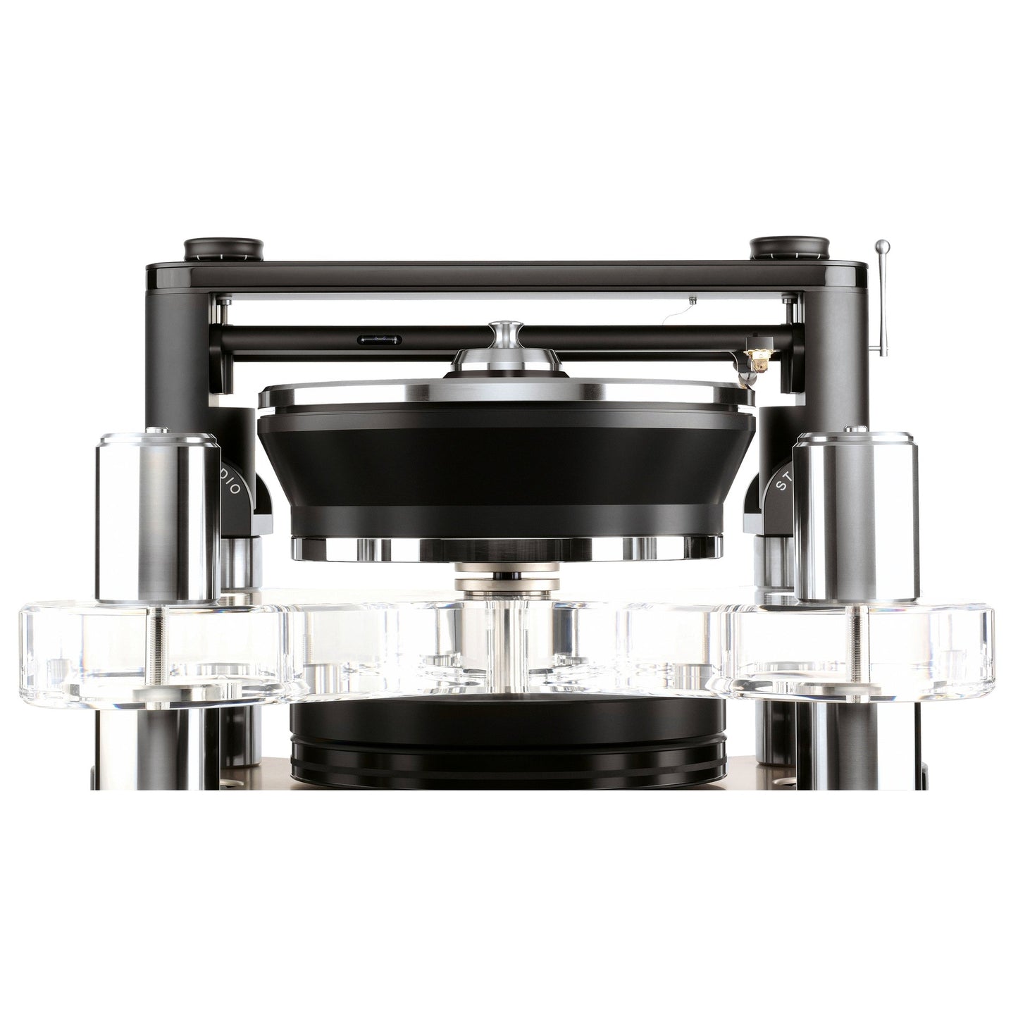 Clearaudio Statement v2 Plattenspieler Detailansicht Plattenteller mit Tangential-Tonarm und Acryl-Ebene