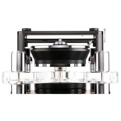 Clearaudio Statement v2 Plattenspieler Detailansicht Plattenteller mit Tangential-Tonarm und Acryl-Ebene