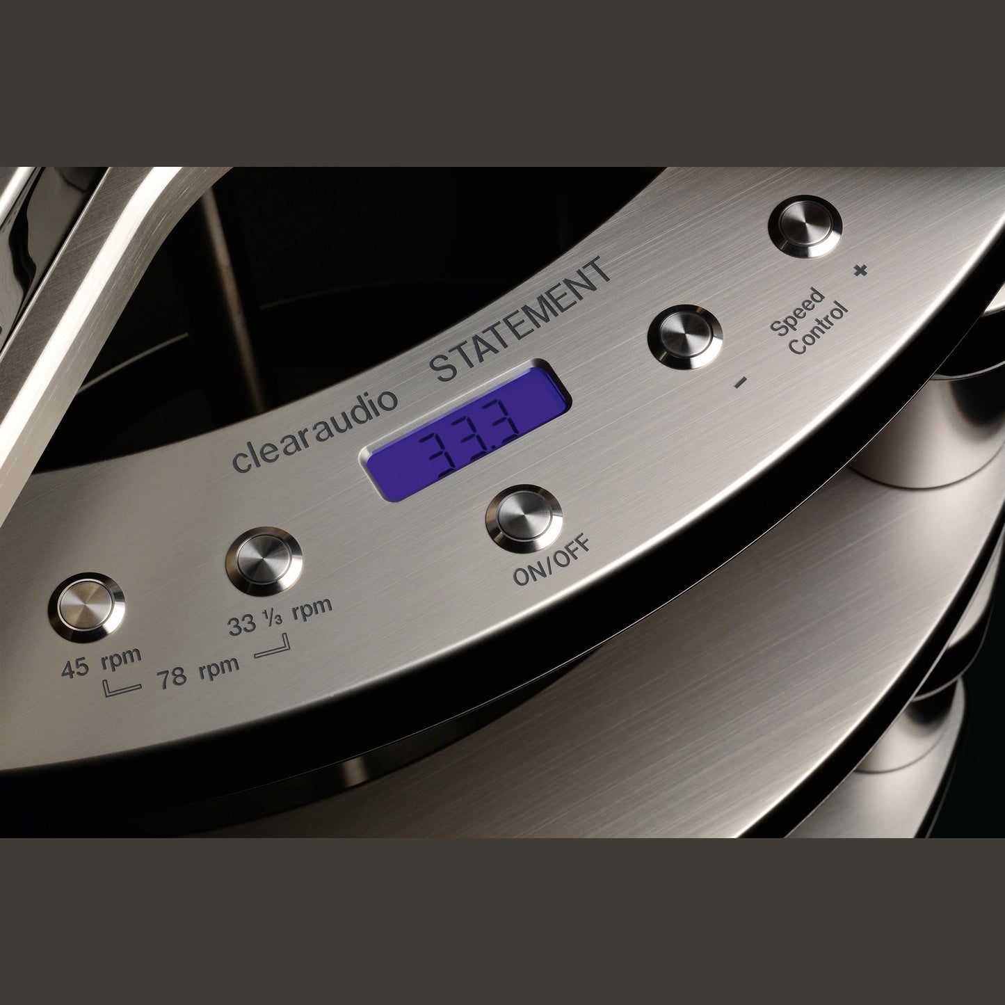 Clearaudio Statement v2 Plattenspieler Displayansicht mit Drehzahlwahl 33 1/3, 45 und 78 rpm und Speed Control