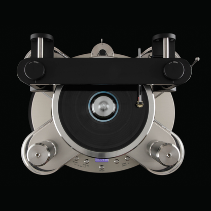 Clearaudio Statement v2 Plattenspieler Farbvariante Schwarz mit Schallplatte und Tangential-Tonarm