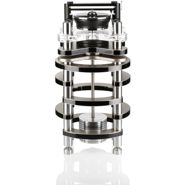 Clearaudio Statement v2 Plattenspieler Frontansicht mit Acryl-Chassis, Aluminium-Ebenen und Tangential-Tonarm