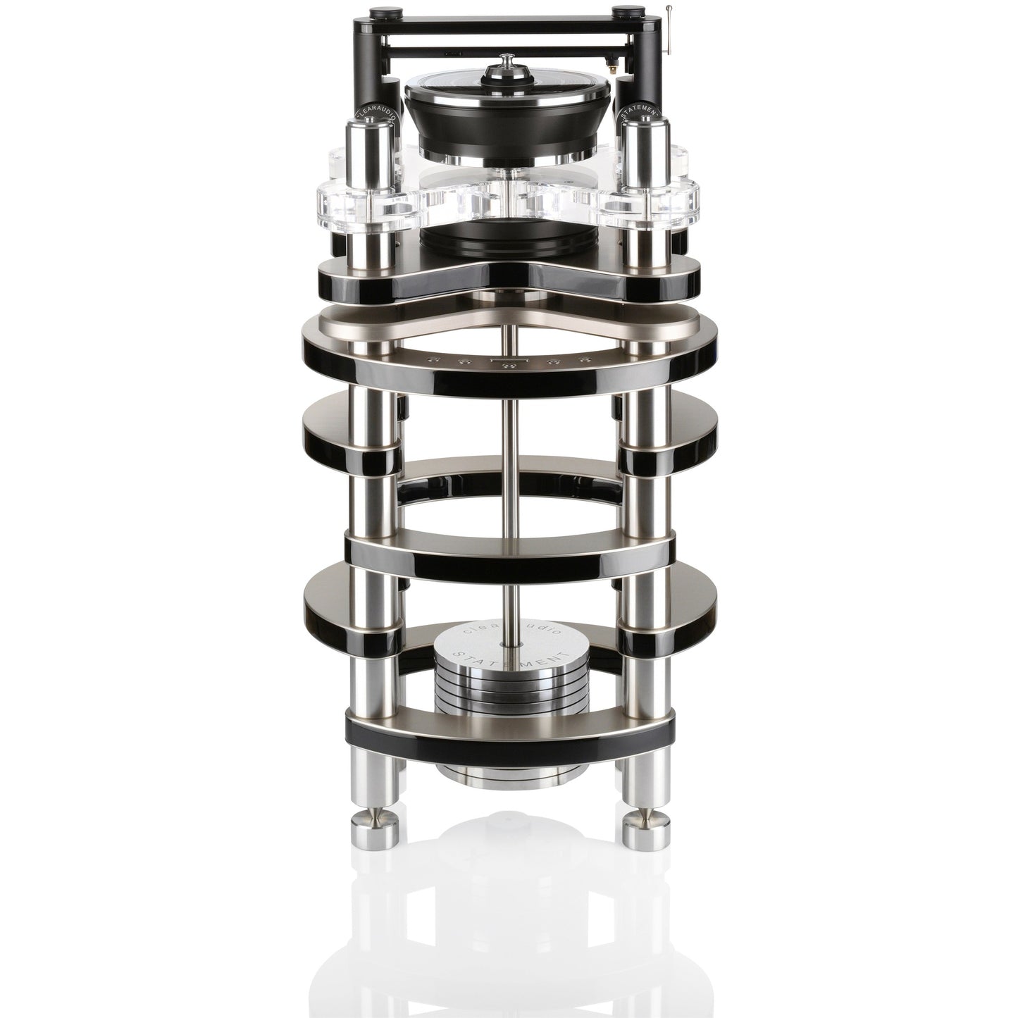 Clearaudio Statement v2 Plattenspieler Frontansicht mit Acryl-Chassis, Aluminium-Ebenen und Tangential-Tonarm