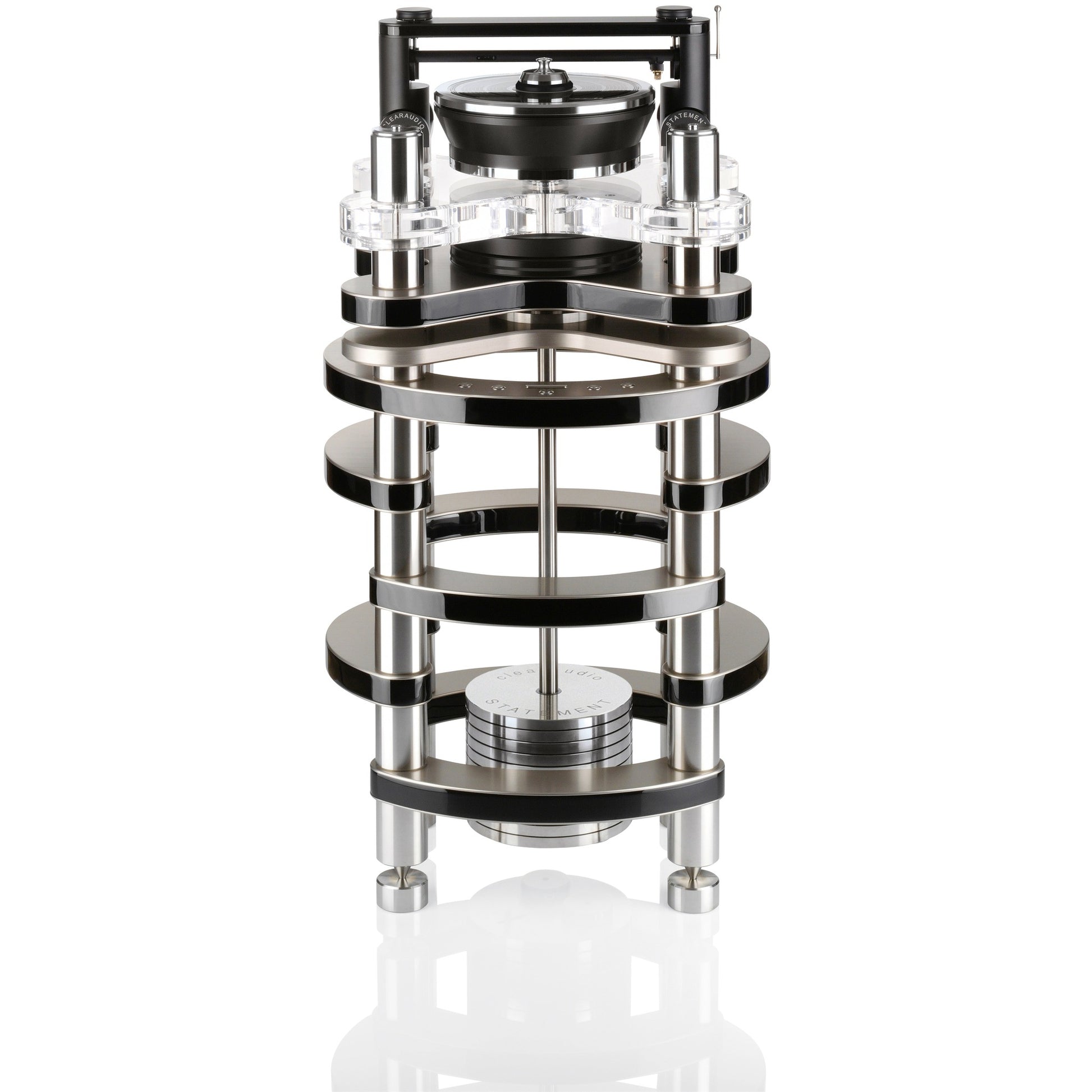 Clearaudio Statement v2 Plattenspieler Frontansicht mit Acryl-Chassis, Aluminium-Ebenen und Tangential-Tonarm