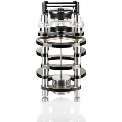 Clearaudio Statement v2 Plattenspieler Frontansicht mit Acryl-Chassis, Aluminium-Ebenen und Tangential-Tonarm